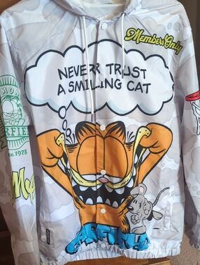 Members Only White Gray Hooded Graphic Jacket w Orange Accents Garfield M  SALE